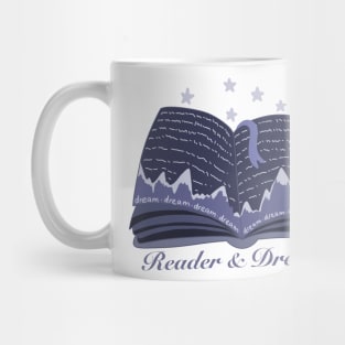 Reader and dreamer dark blue book design with mountains and night sky panorama Mug